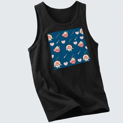 Cute cartoon sushi and coffee pattern on navy blue background — printed on a tank top