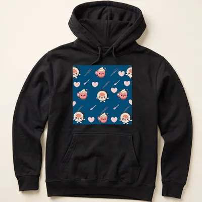 Cute cartoon sushi and coffee pattern on navy blue background — printed on a unisex hoodie