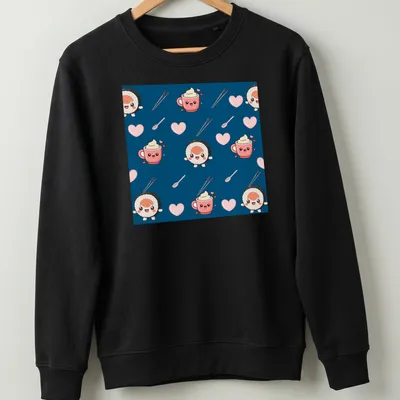 Cute cartoon sushi and coffee pattern on navy blue background — printed on a unisex sweatshirt