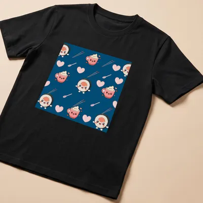 Cute cartoon sushi and coffee pattern on navy blue background