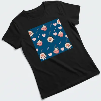 Cute cartoon sushi and coffee pattern on navy blue background — printed on a women's shirt