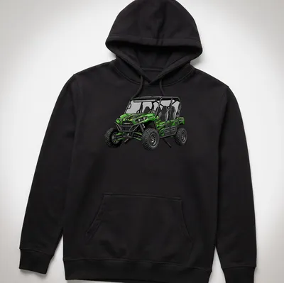 Illustration of a Kawasaki Teryx4 S LE UTV in green and black — printed on a unisex hoodie