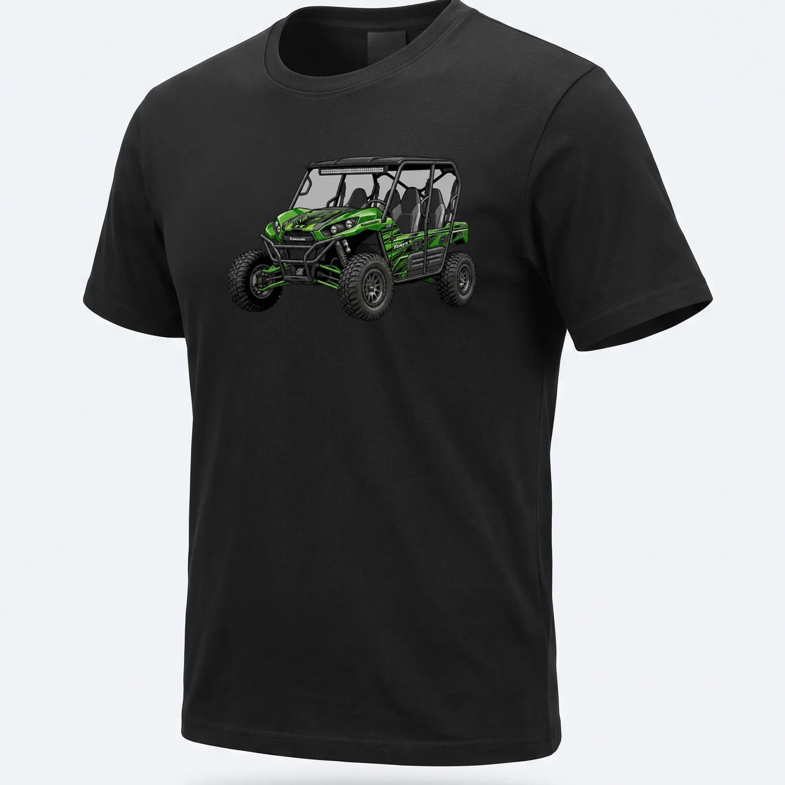 Illustration of a Kawasaki Teryx4 S LE UTV in green and black — printed on a unisex t-shirt