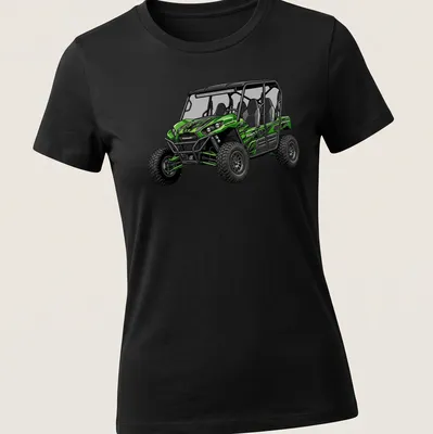 Illustration of a Kawasaki Teryx4 S LE UTV in green and black — printed on a women's shirt