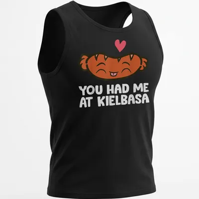 Kawaii t-shirt featuring a smiling kielbasa with playful text above. — printed on a tank top