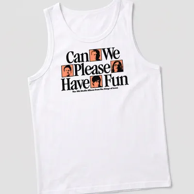 Bold graphic Kings of Leon album t-shirt in black, white, and orange — printed on a tank top
