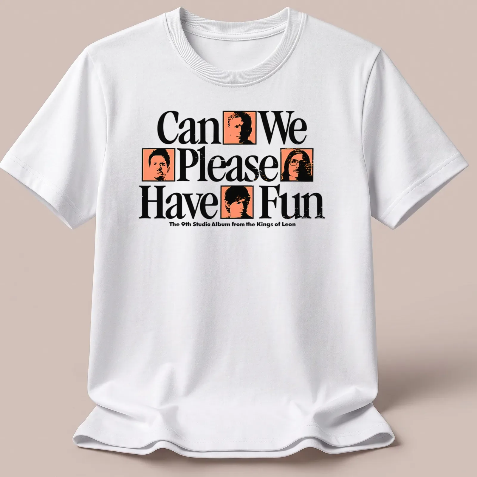 Bold graphic Kings of Leon album t-shirt in black, white, and orange — printed on a unisex t-shirt