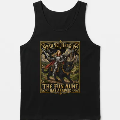 Vintage fantasy T-shirt featuring a knight riding a black cat with colorful text — printed on a tank top