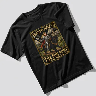 Vintage fantasy T-shirt featuring a knight riding a black cat with colorful text
