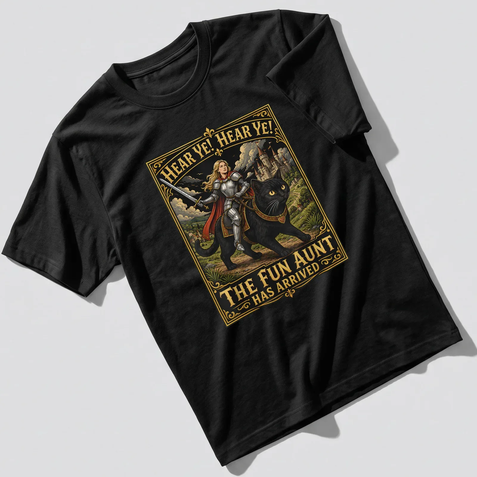 Vintage fantasy T-shirt featuring a knight riding a black cat with colorful text — printed on a unisex t-shirt