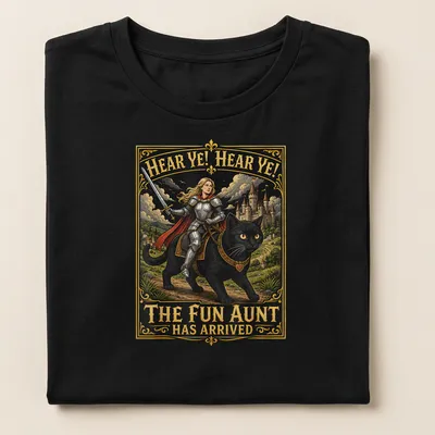 Vintage fantasy T-shirt featuring a knight riding a black cat with colorful text — printed on a women's shirt