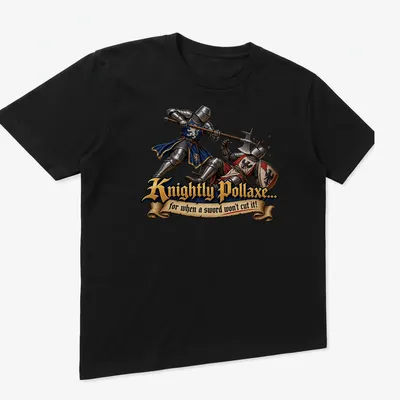 Medieval illustration of knights with pollaxes and vibrant colors. — printed on a unisex t-shirt (angled view)