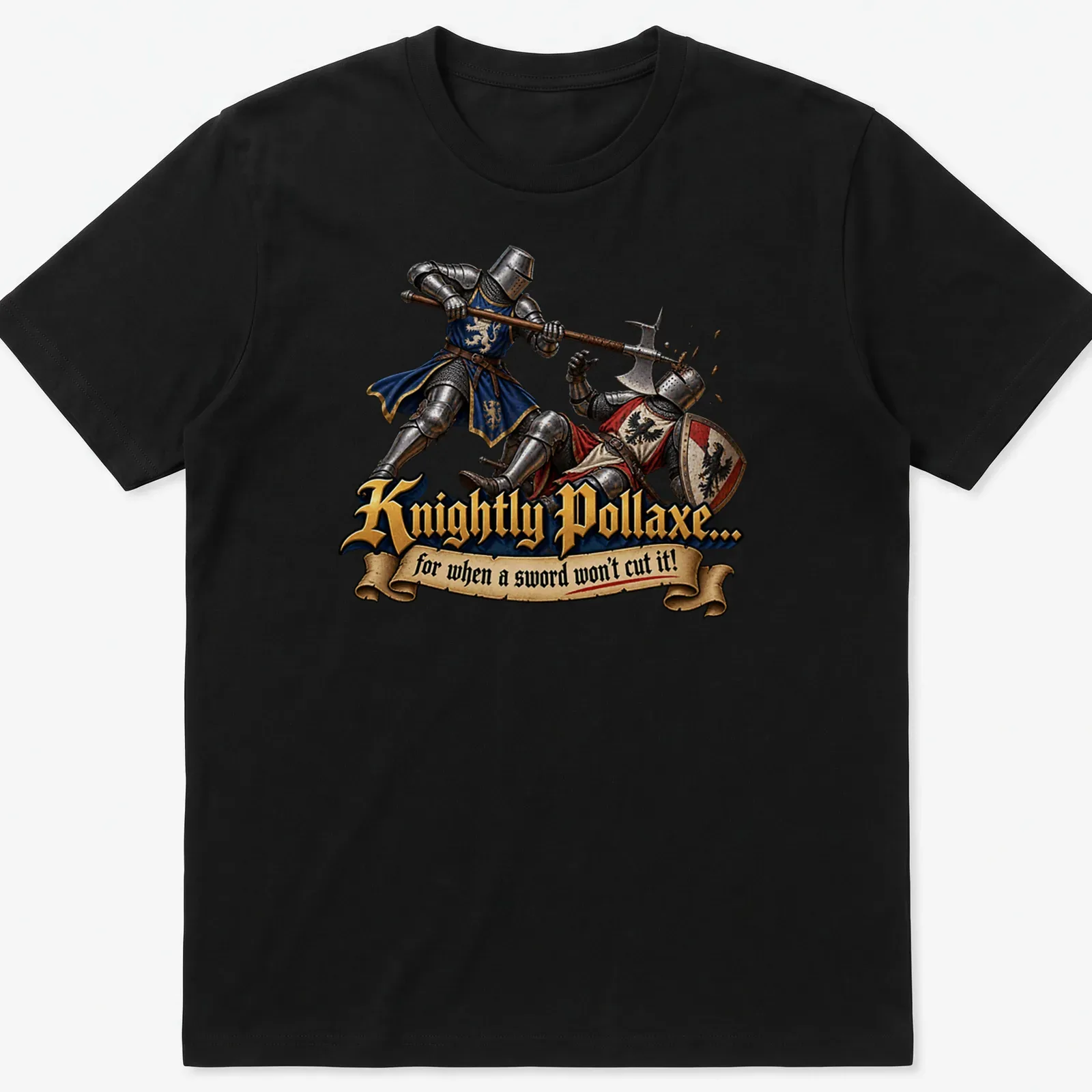 Medieval illustration of knights with pollaxes and vibrant colors. — printed on a unisex t-shirt