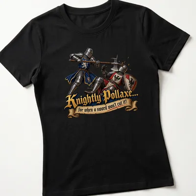 Medieval illustration of knights with pollaxes and vibrant colors. — printed on a women's shirt