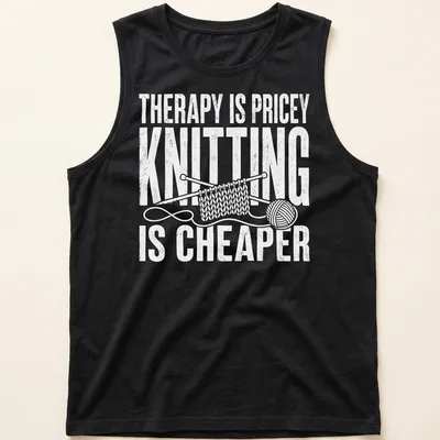 Bold typography t-shirt with humorous knitting statement in white — printed on a tank top