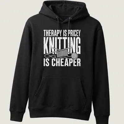 Bold typography t-shirt with humorous knitting statement in white — printed on a unisex hoodie
