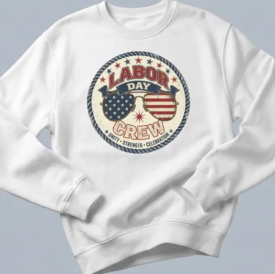Vintage distressed shirt featuring sunglasses with American flags and bold text about Labor Day — printed on a unisex sweatshirt