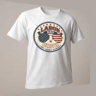 Vintage distressed shirt featuring sunglasses with American flags and bold text about Labor Day — printed on a unisex t-shirt (angled view)