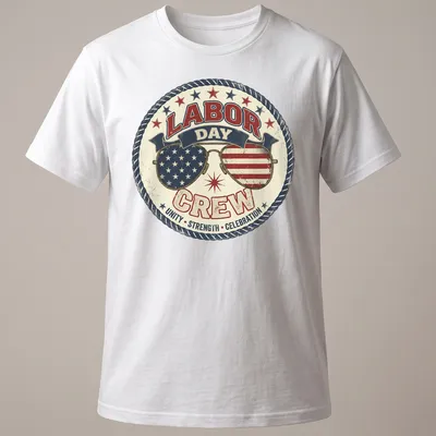 Vintage distressed shirt featuring sunglasses with American flags and bold text about Labor Day — printed on a unisex t-shirt