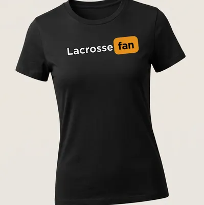Bold typography Lacrosse Fan T-shirt in black, orange, and white — printed on a women's shirt