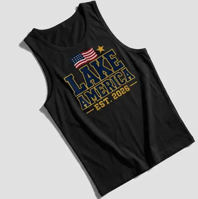 Bold patriotic Lake America t-shirt with the year 2026 in bright colors — printed on a tank top
