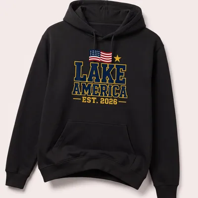 Bold patriotic Lake America t-shirt with the year 2026 in bright colors — printed on a unisex hoodie