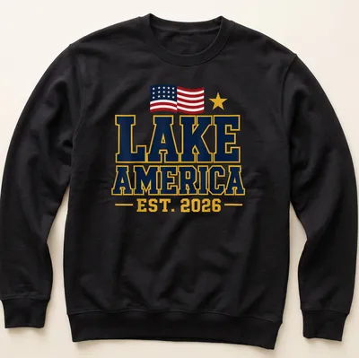 Bold patriotic Lake America t-shirt with the year 2026 in bright colors — printed on a unisex sweatshirt