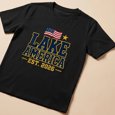 Bold patriotic Lake America t-shirt with the year 2026 in bright colors