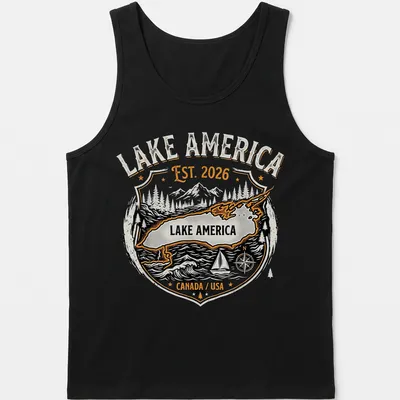 Vintage badge-style shirt featuring Lake America map with bold text — printed on a tank top