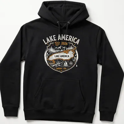 Vintage badge-style shirt featuring Lake America map with bold text — printed on a unisex hoodie