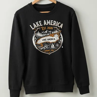 Vintage badge-style shirt featuring Lake America map with bold text — printed on a unisex sweatshirt