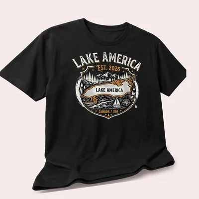 Vintage badge-style shirt featuring Lake America map with bold text — printed on a unisex t-shirt (angled view)
