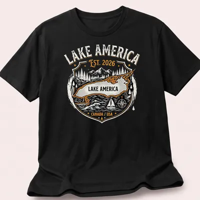 Vintage badge-style shirt featuring Lake America map with bold text
