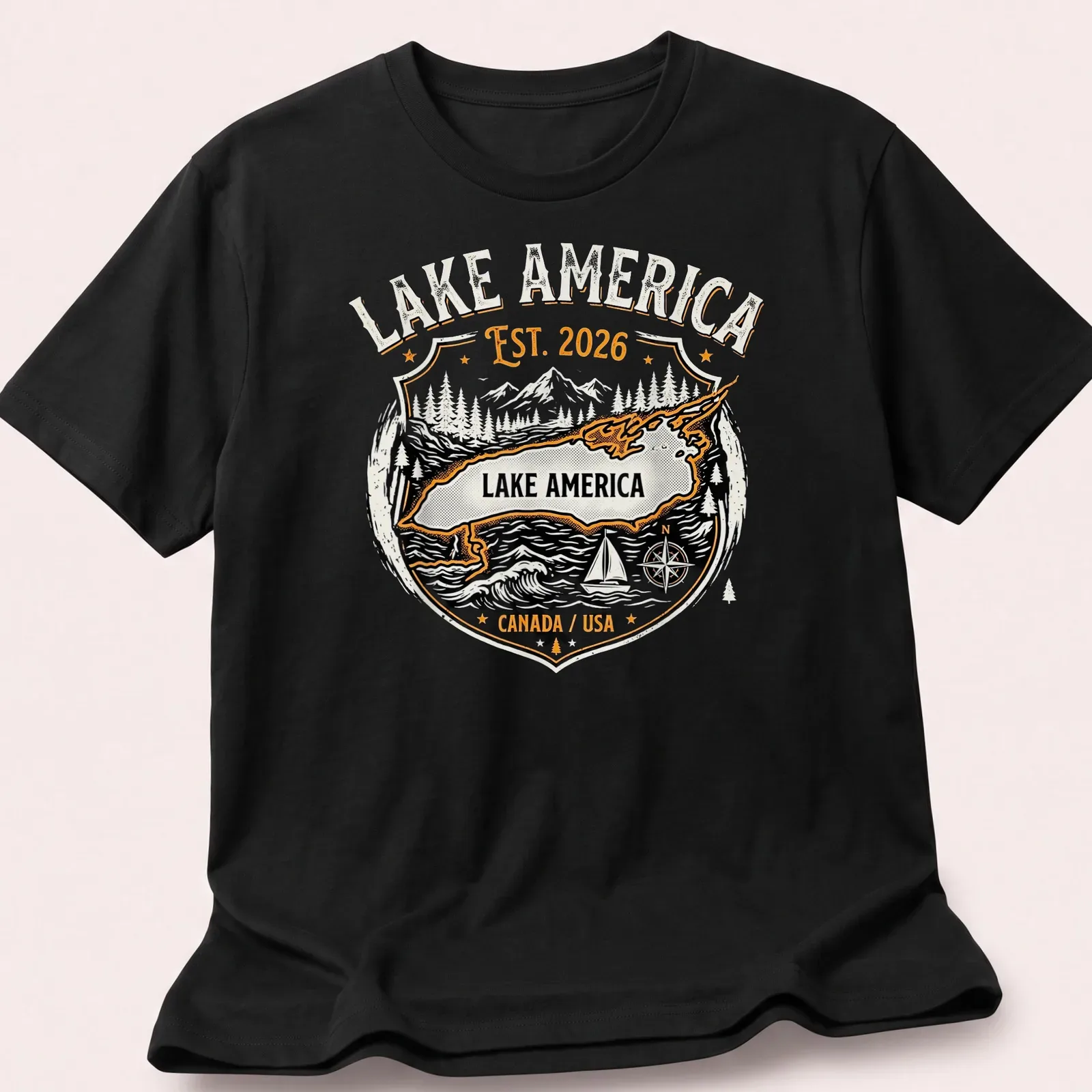 Vintage badge-style shirt featuring Lake America map with bold text — printed on a unisex t-shirt