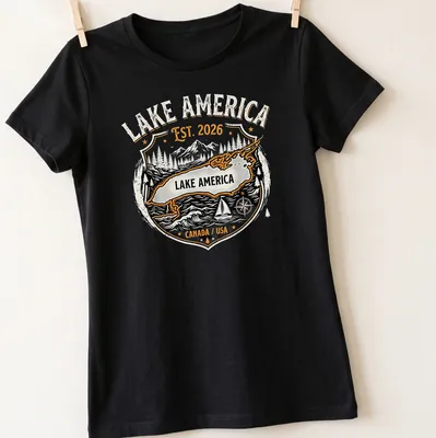 Vintage badge-style shirt featuring Lake America map with bold text — printed on a women's shirt