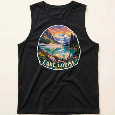Vintage Lake Louise graphic t-shirt featuring colorful mountain scenery — printed on a tank top