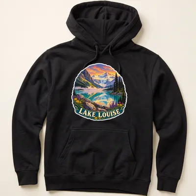 Vintage Lake Louise graphic t-shirt featuring colorful mountain scenery — printed on a unisex hoodie