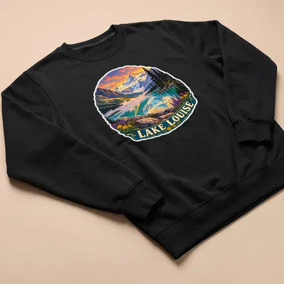 Vintage Lake Louise graphic t-shirt featuring colorful mountain scenery — printed on a unisex sweatshirt