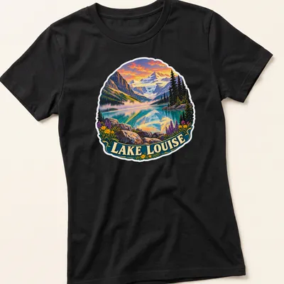 Vintage Lake Louise graphic t-shirt featuring colorful mountain scenery — printed on a women's shirt