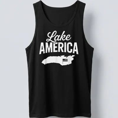 A bold script Lake AMERICA T-shirt with a map outline in white and light gray — printed on a tank top