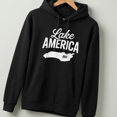A bold script Lake AMERICA T-shirt with a map outline in white and light gray — printed on a unisex hoodie