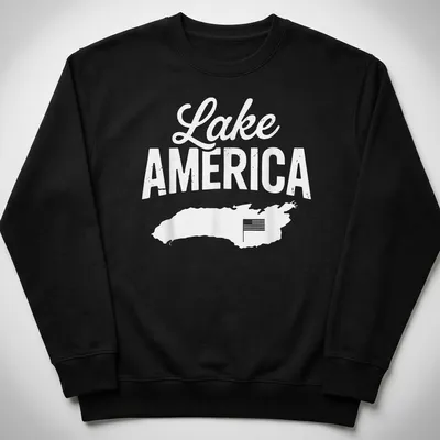 A bold script Lake AMERICA T-shirt with a map outline in white and light gray — printed on a unisex sweatshirt