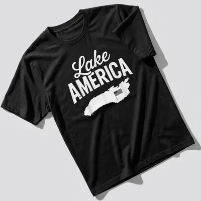 A bold script Lake AMERICA T-shirt with a map outline in white and light gray