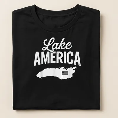 A bold script Lake AMERICA T-shirt with a map outline in white and light gray — printed on a women's shirt