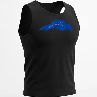 Silhouette of a lake with the text Lake Obama Was Superior in blue — printed on a tank top