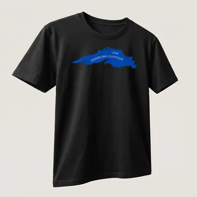 Silhouette of a lake with the text Lake Obama Was Superior in blue — printed on a unisex t-shirt (angled view)