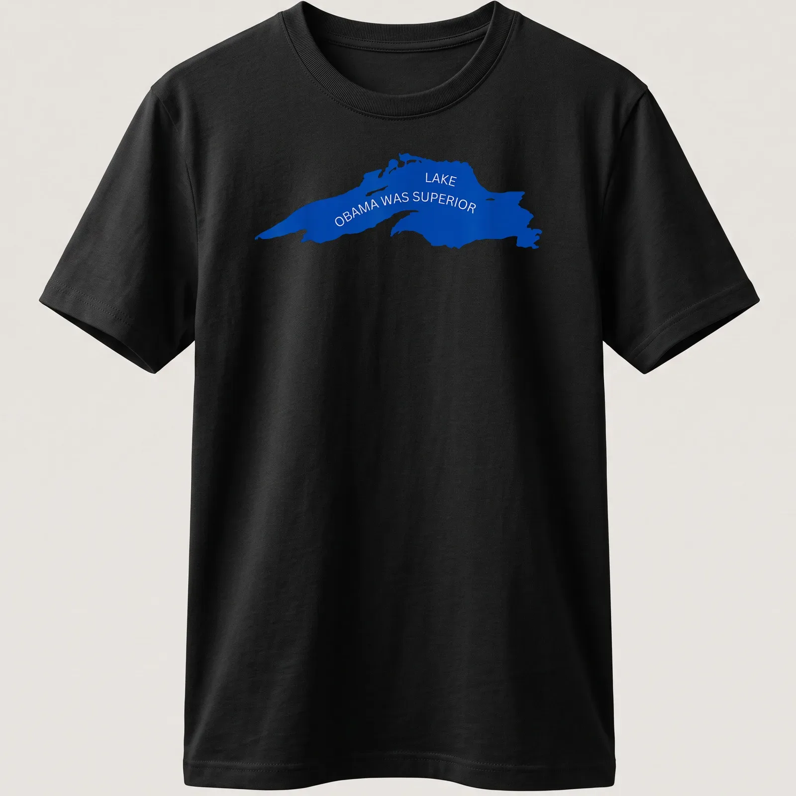 Silhouette of a lake with the text Lake Obama Was Superior in blue — printed on a unisex t-shirt