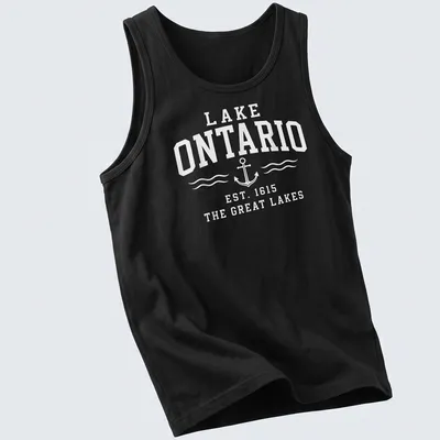 Retro T-shirt featuring Lake Ontario anchor and established text in white — printed on a tank top