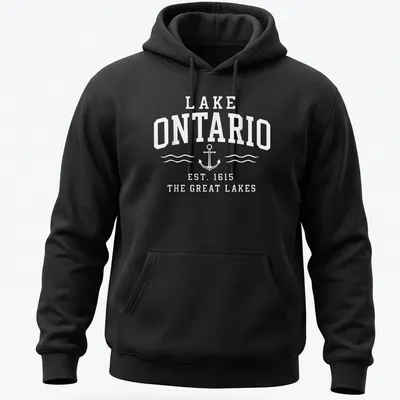 Retro T-shirt featuring Lake Ontario anchor and established text in white — printed on a unisex hoodie