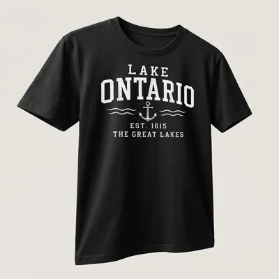 Retro T-shirt featuring Lake Ontario anchor and established text in white — printed on a unisex t-shirt (angled view)